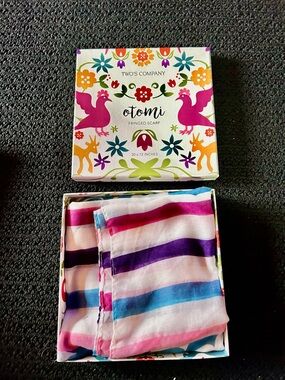 Two's Company Otomi Fringed Striped Scarf in Pink, Purple, Blue